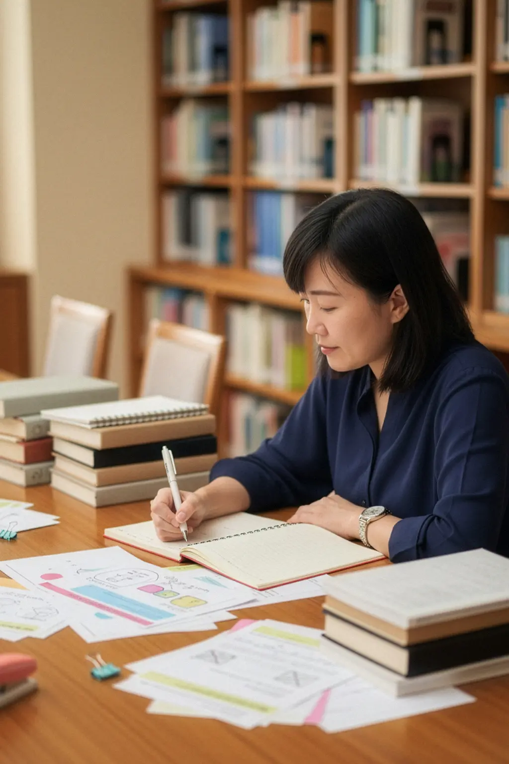 A teacher working through lesson materials and notes in a library.