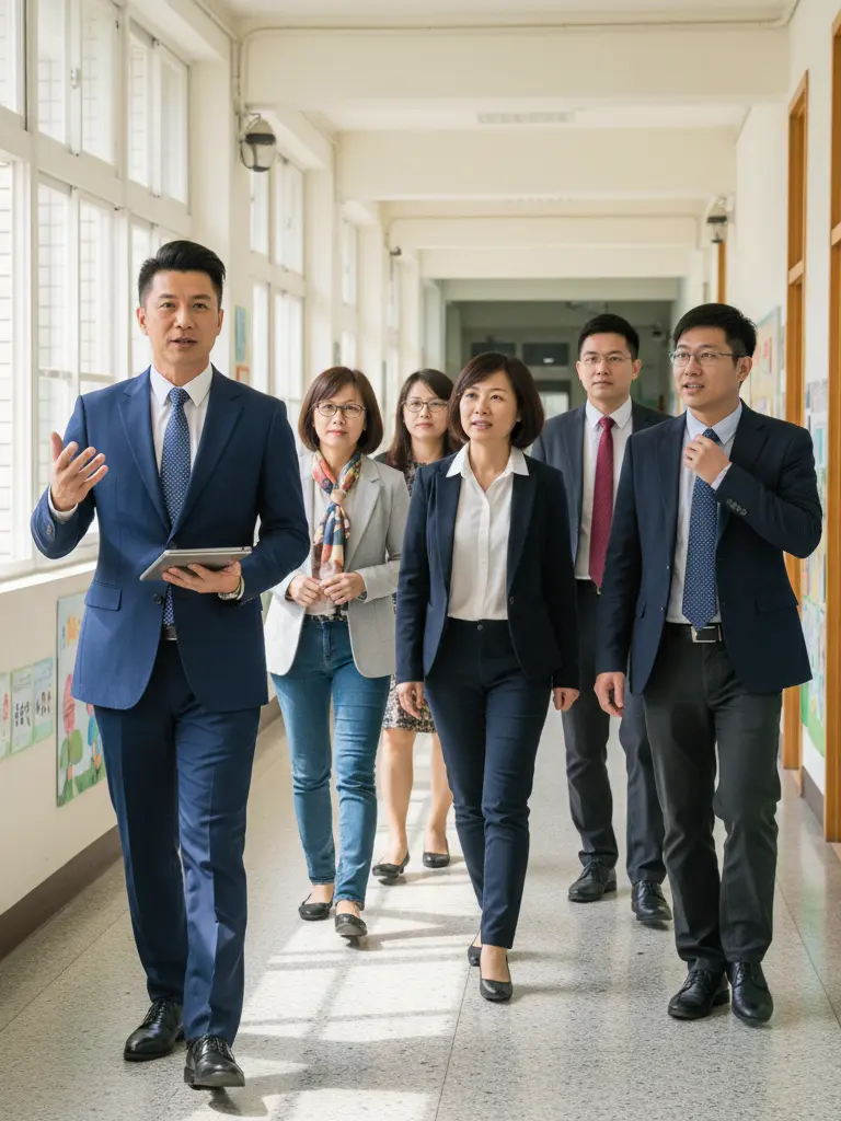 A school leadership team walking through a school corridor