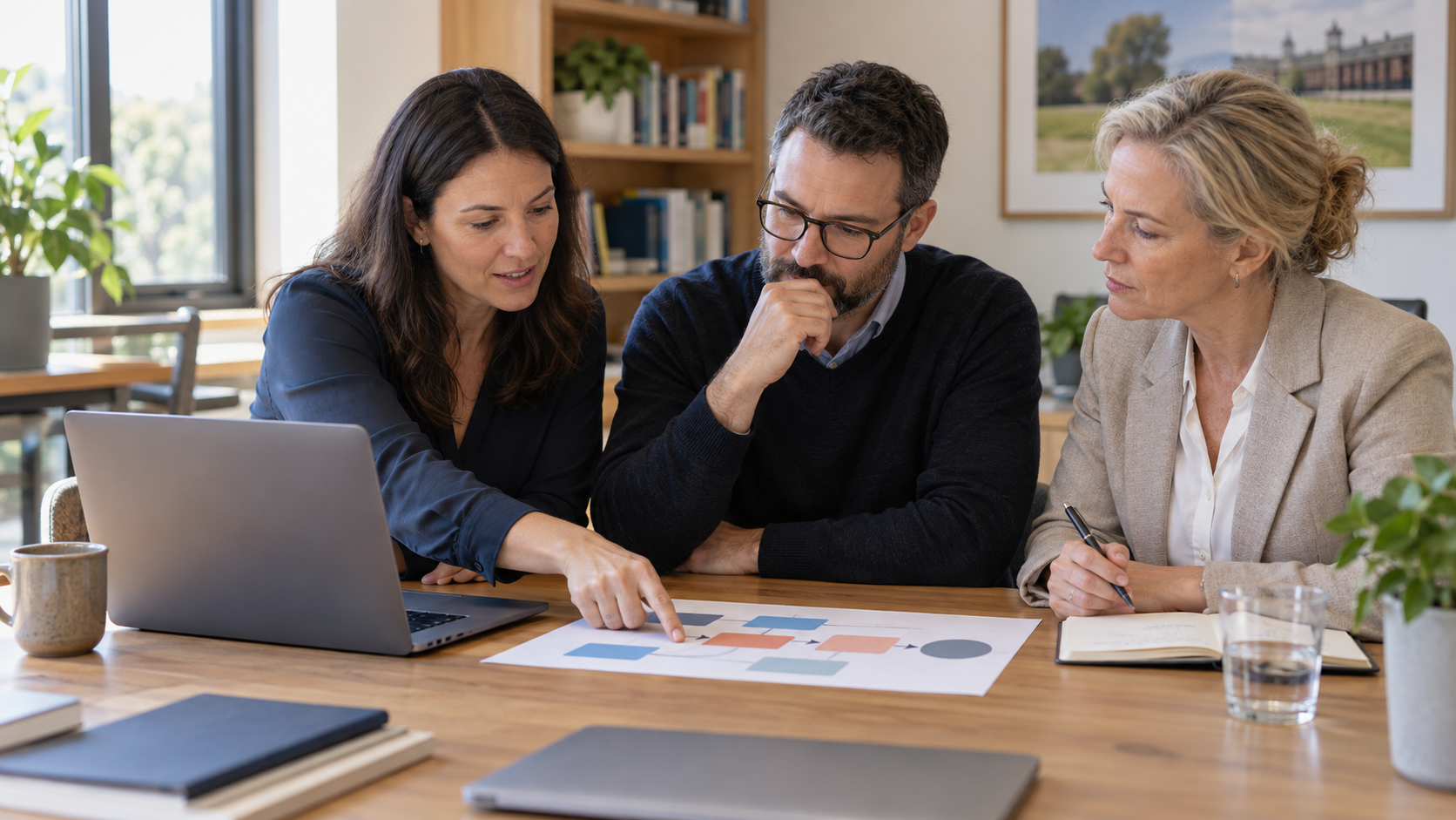 Three school leaders review a proposed AI-assisted workflow and point to its approval checkpoint.