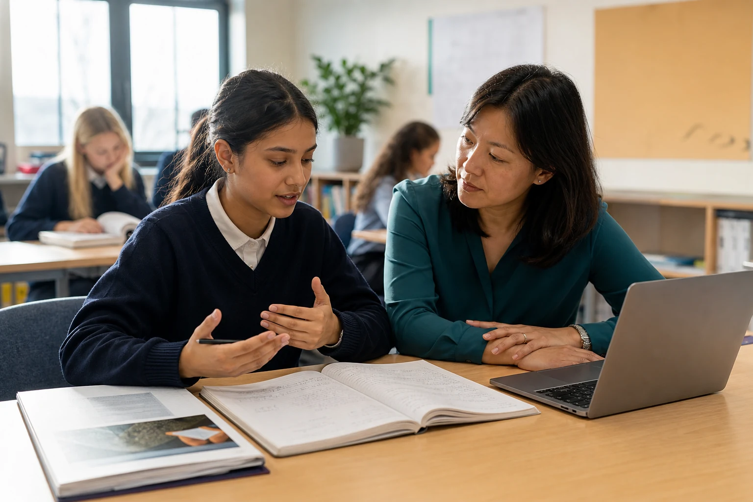 Teacher listening as a secondary student explains assessment work beside a notebook and laptop