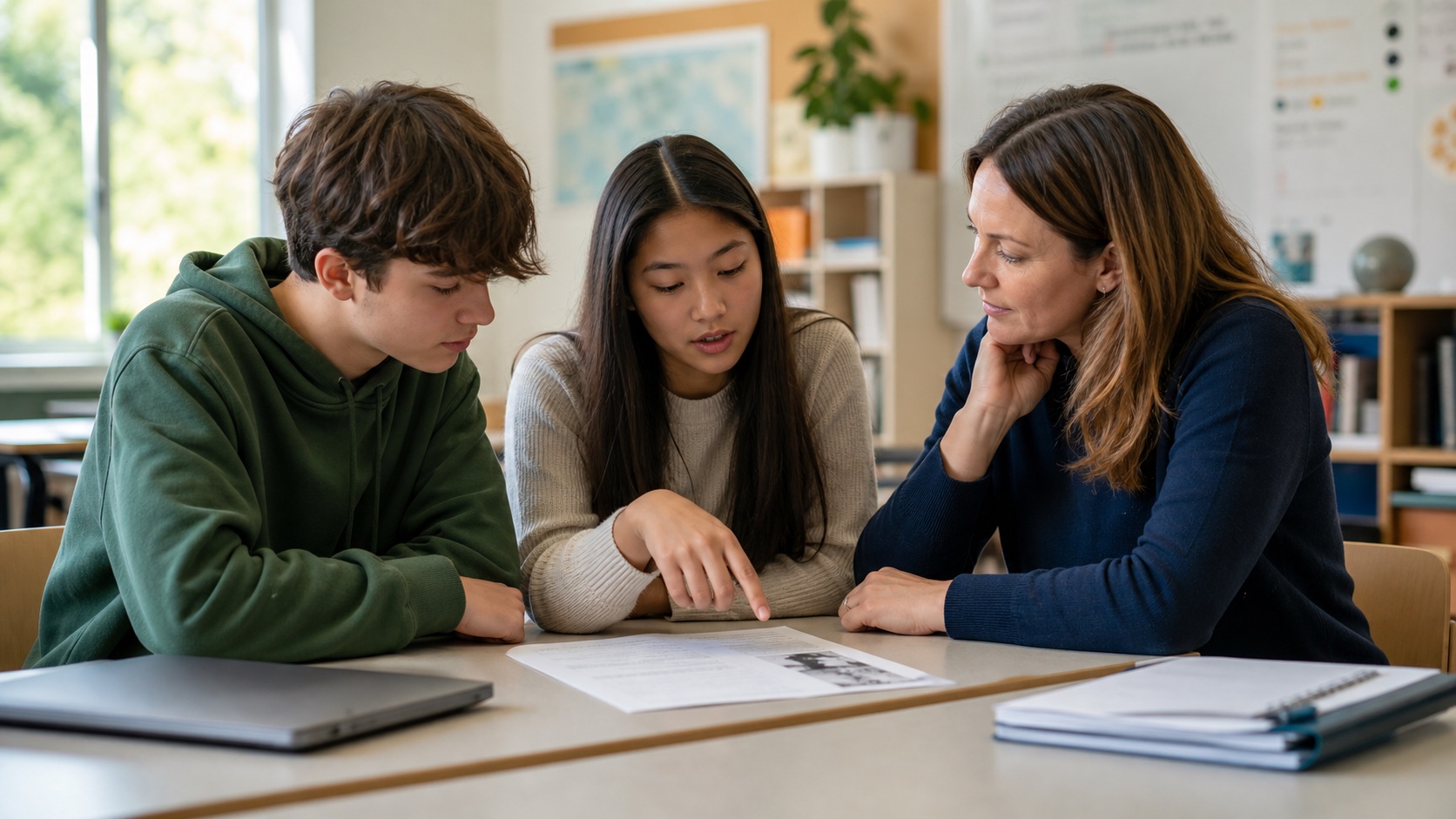 Illustrative scene of a teacher and two students examining printed material together