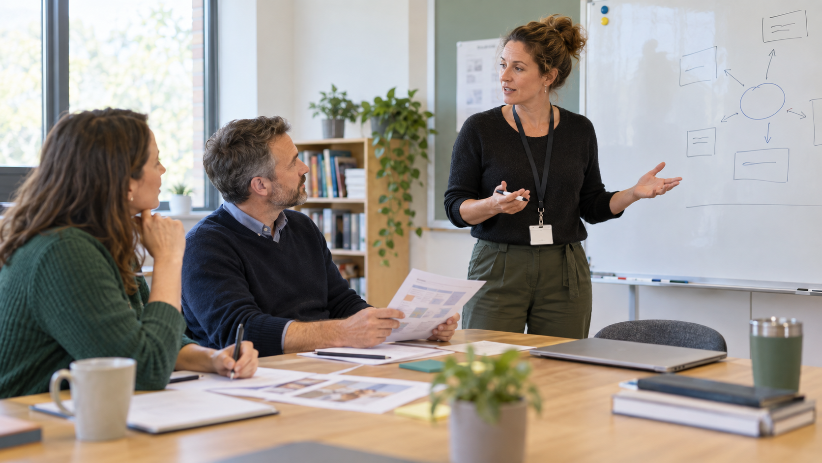 Three educators rehearse a classroom explanation and review evidence together during a professional-learning session.