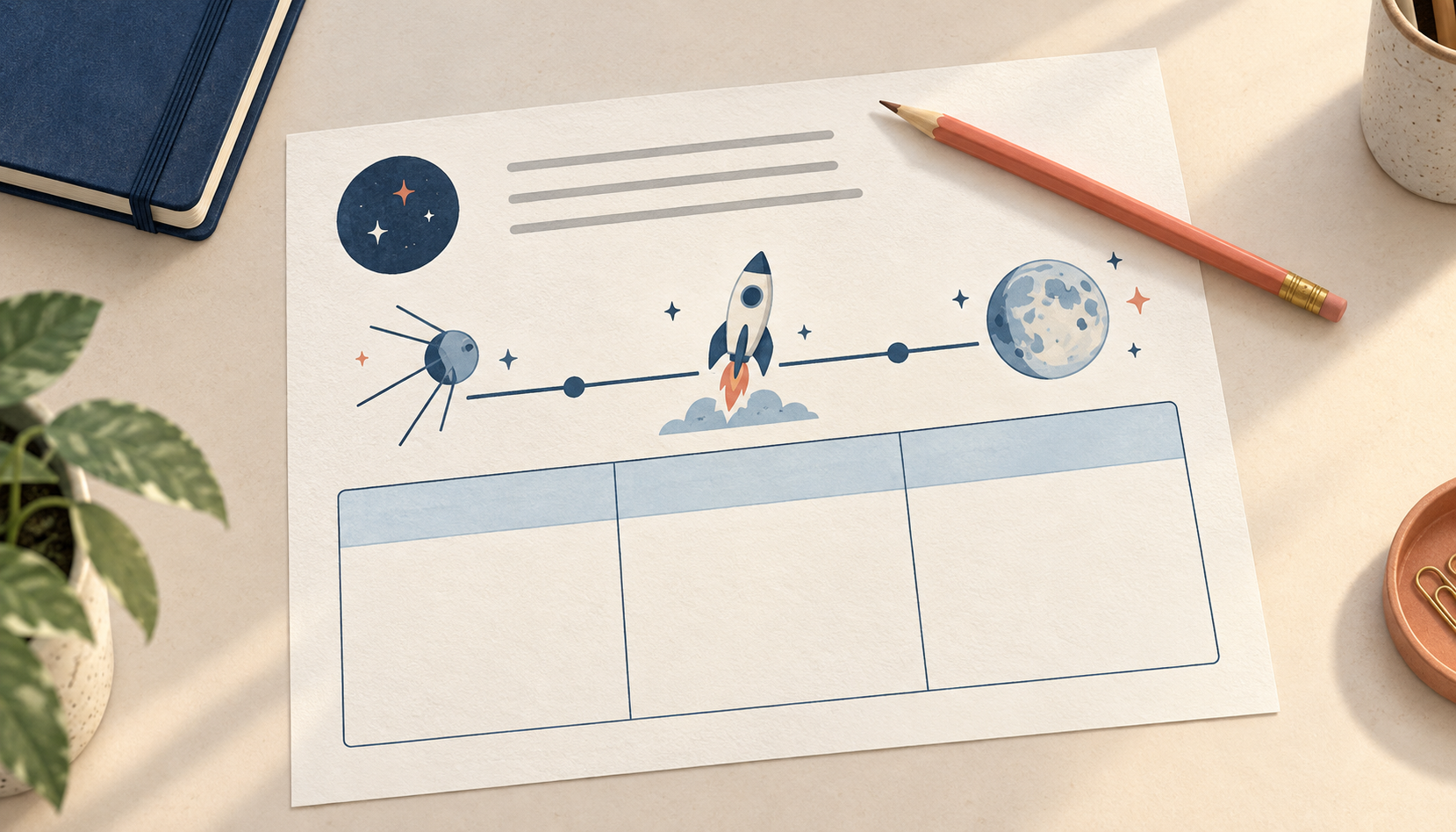 Conceptual illustration of a Space Race worksheet with three direction lines, a timeline and a response table, beside a coral pencil.