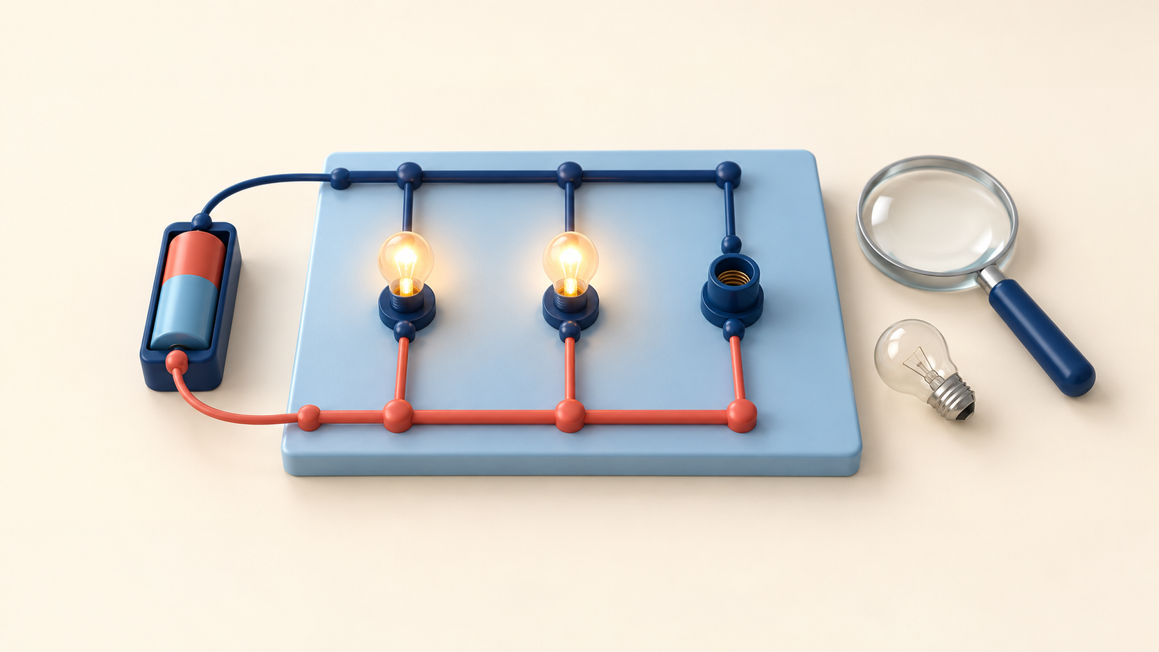 Illustration of two lit bulbs and one empty socket on parallel branches, with a removed bulb and magnifying glass beside the board.