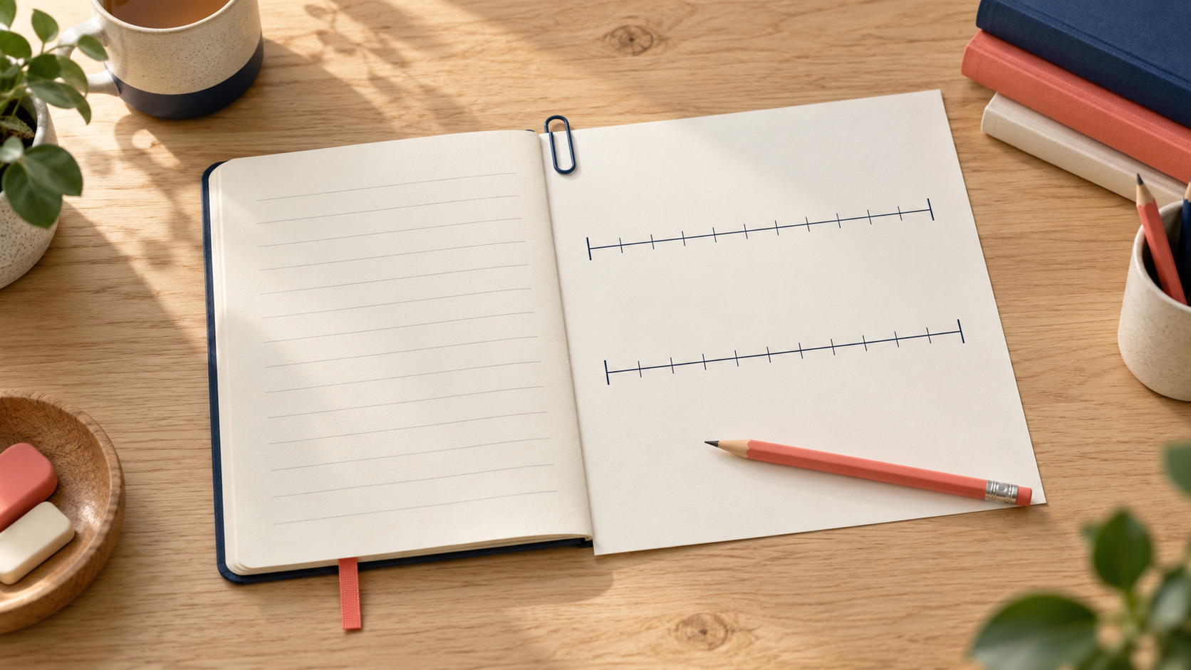 Editorial illustration of lesson-planning pages beside a maths sheet with two unlabelled number lines and a pencil.