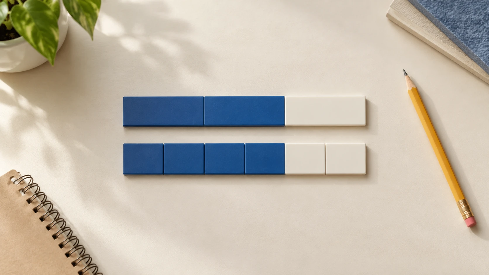 Two equal-length sets of fraction bars show two blue thirds and four blue sixths on a desk.