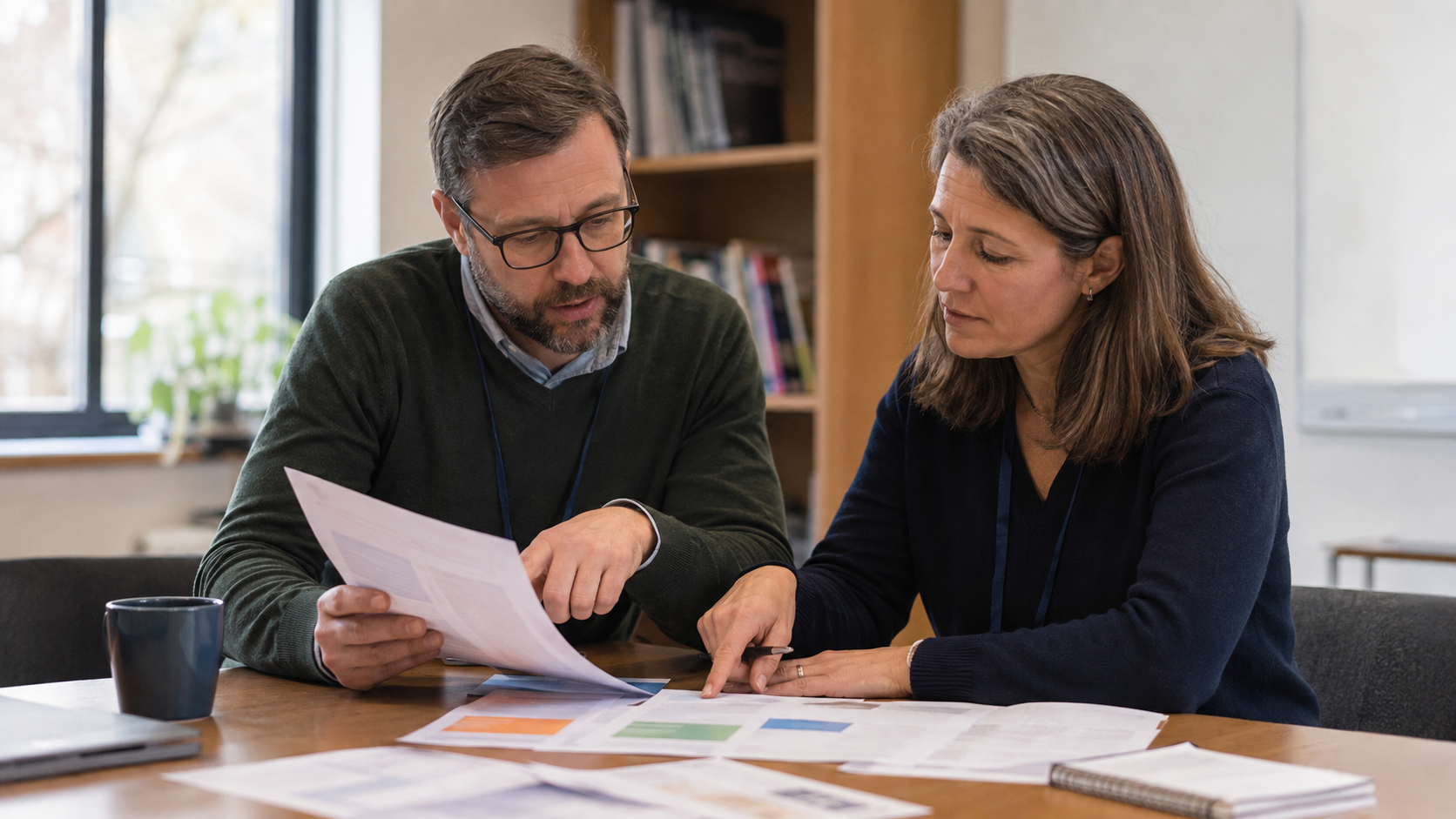 A school leader and communications colleague reviewing parent-facing AI guidance together