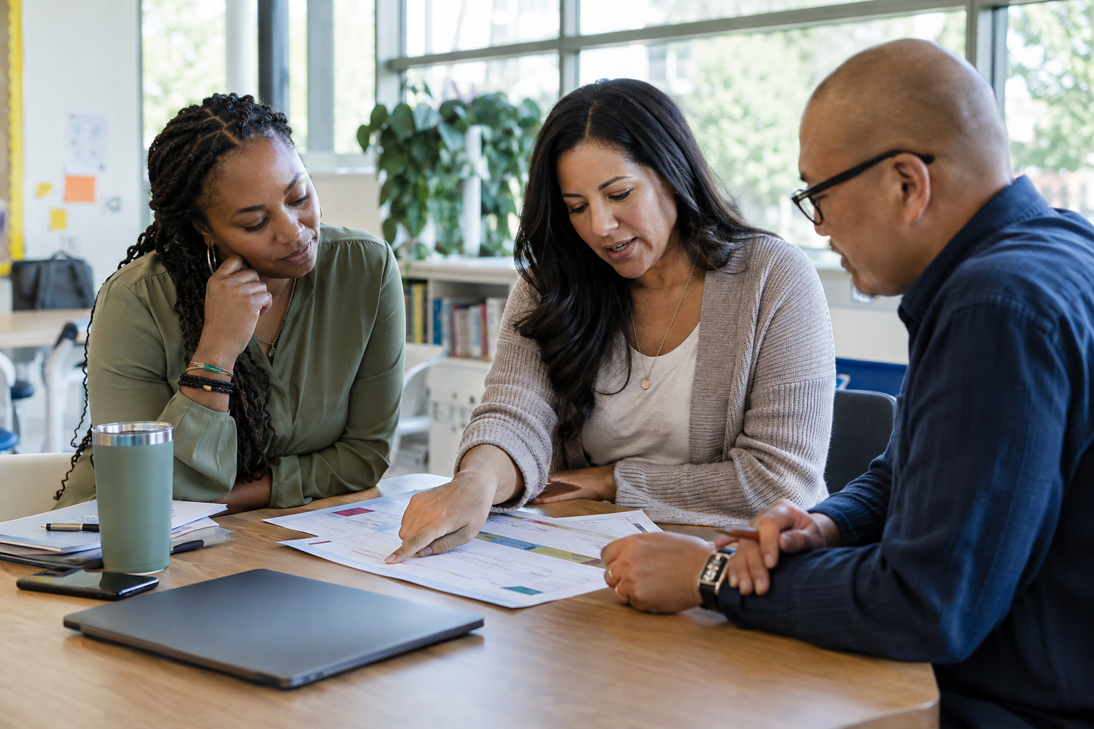 Three adult school leaders reviewing a planning document at a table