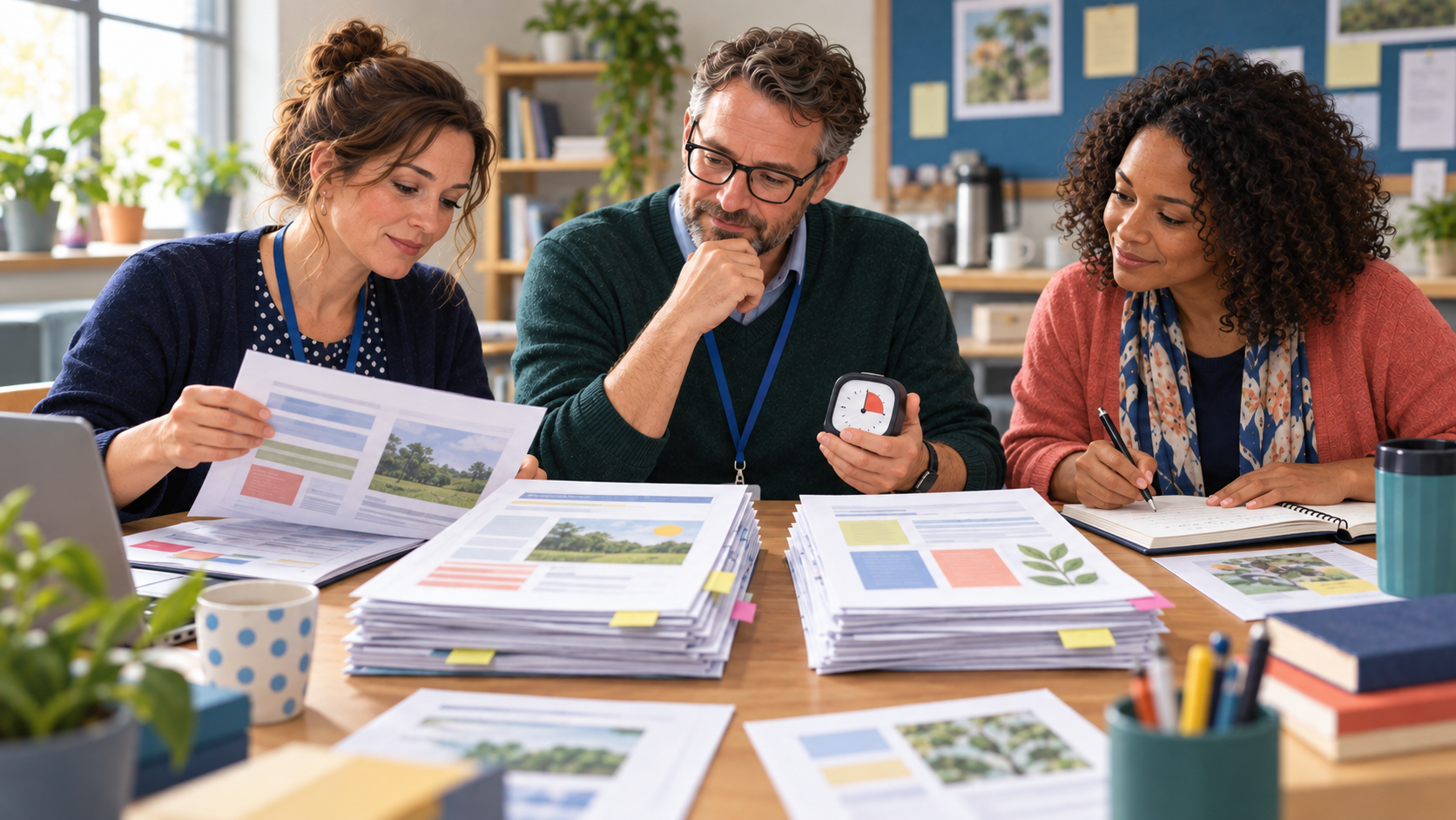 School staff compare lesson materials and the effort needed to check and adapt them.