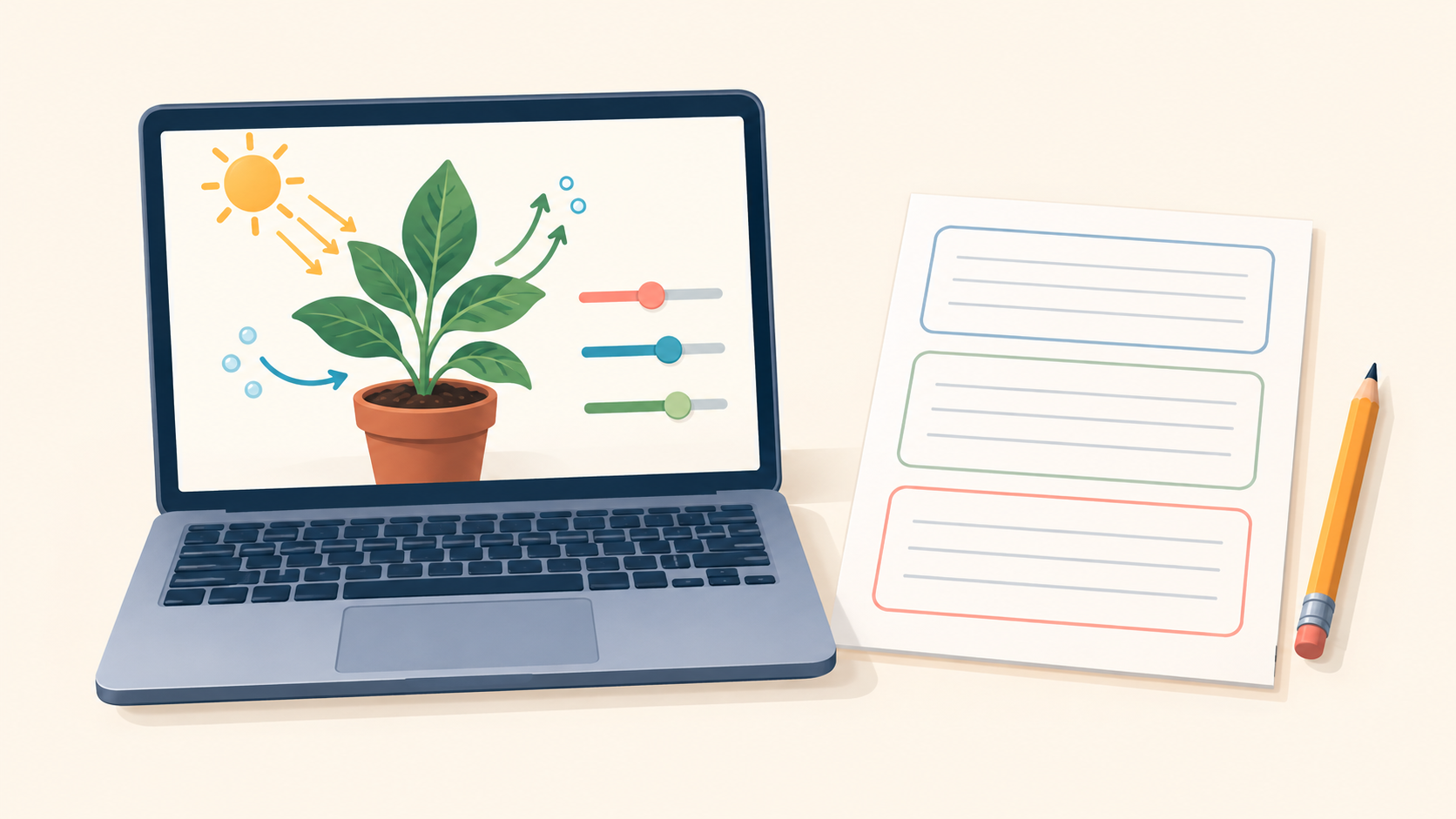 Illustration of a plant activity on a laptop beside a worksheet and pencil.