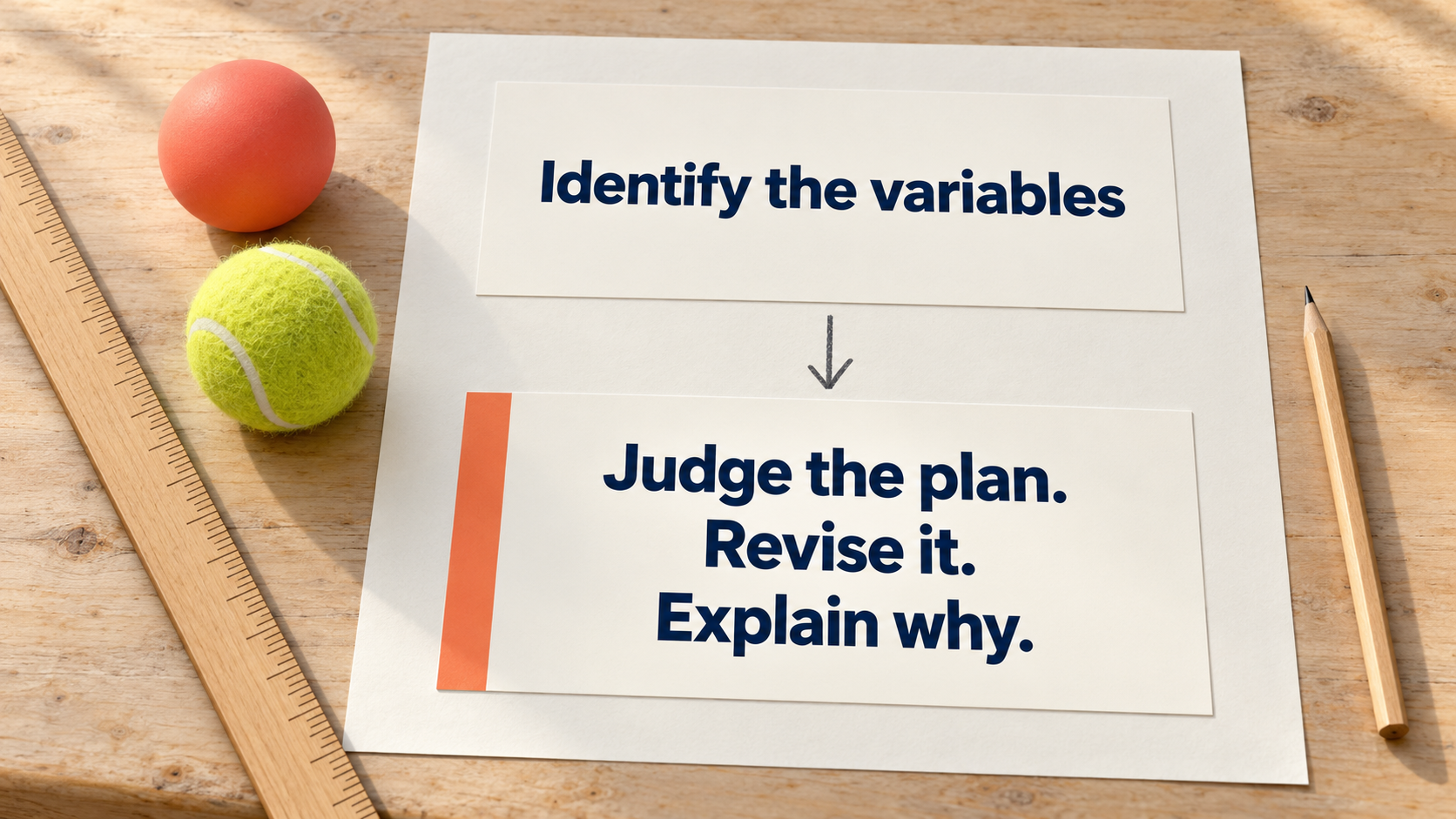 Planning cards read Identify the variables and Judge the plan. Revise it. Explain why., beside a rubber ball, tennis ball and ruler.