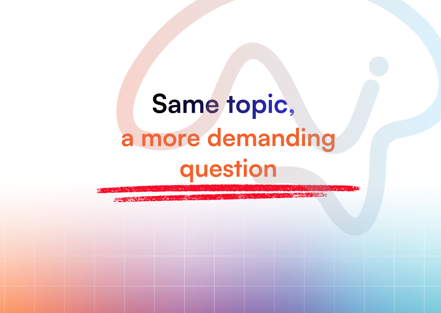 TopSchool template cover reading Same topic, a more demanding question across three lines, above a red brush underline.