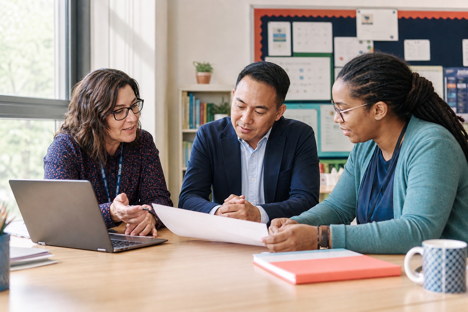 Teacher, school leader and technical colleague reviewing an AI adoption plan together