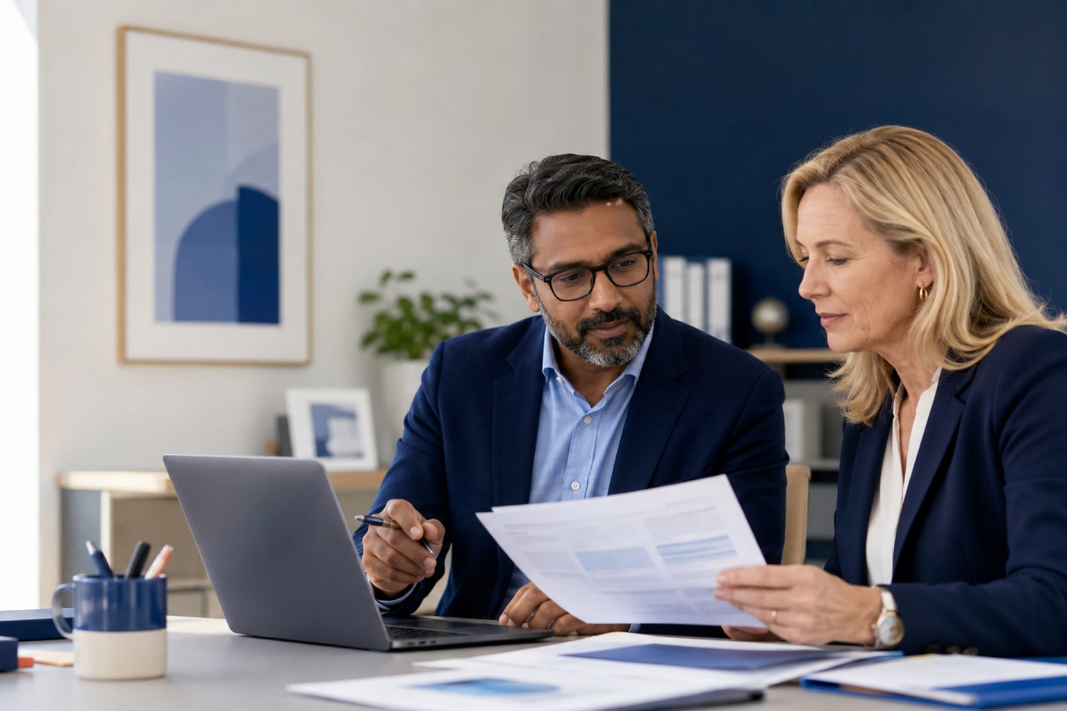 Two school network leaders reviewing a shared AI standards document