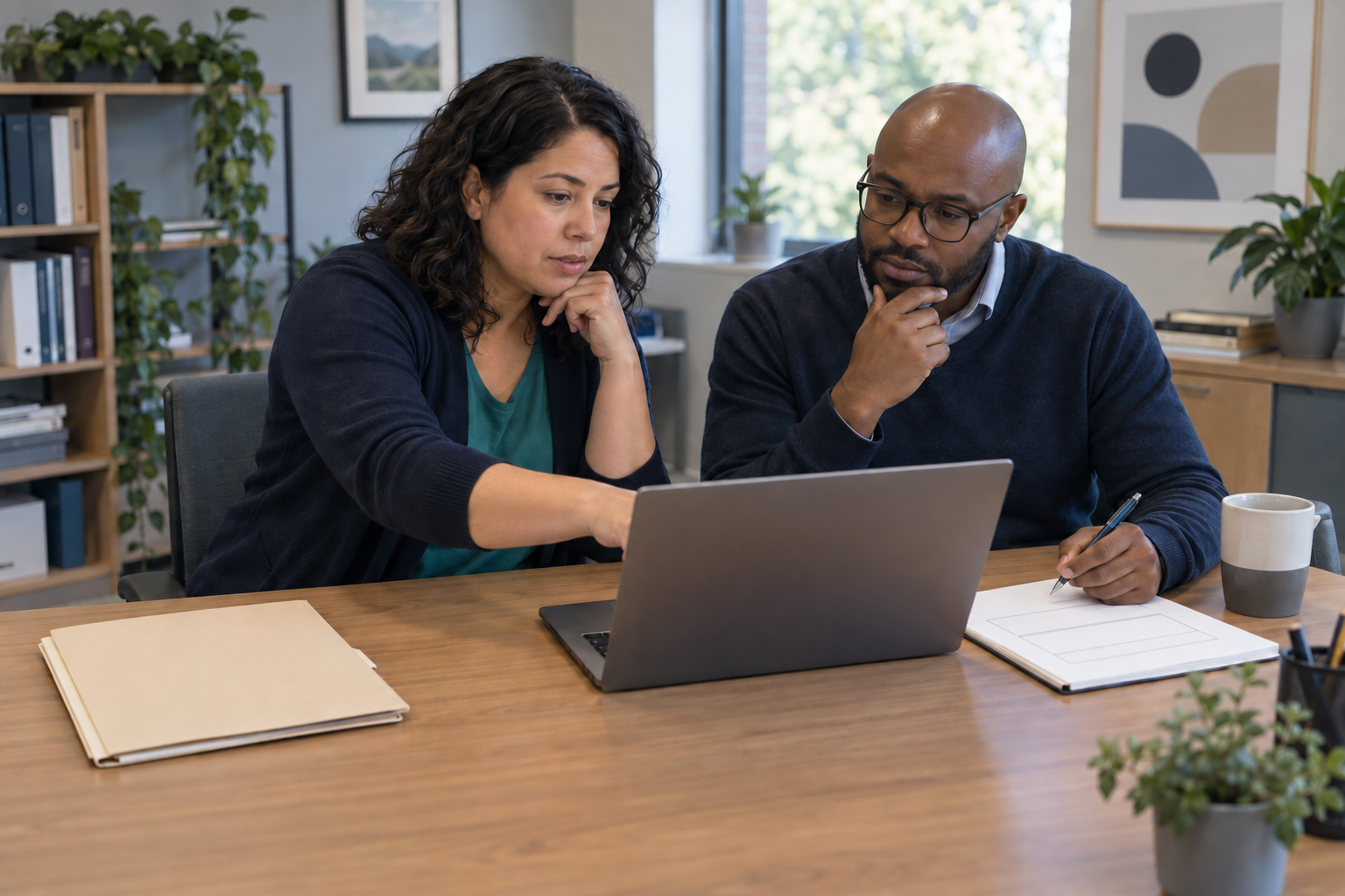 Two school staff members redesigning a task at a laptop while a plain records folder stays separate on the desk.