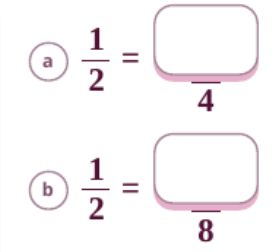 Two incomplete equations: one half equals an unknown number of quarters, and one half equals an unknown number of eighths.