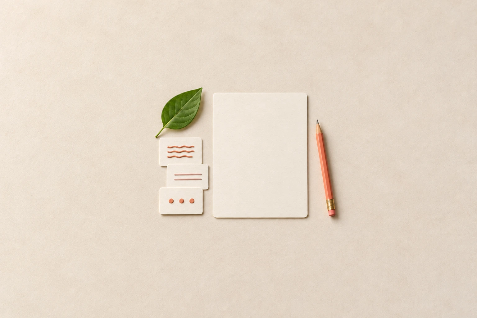 Illustration of three vocabulary cards beside a blank response sheet, a green leaf and a coral pencil.
