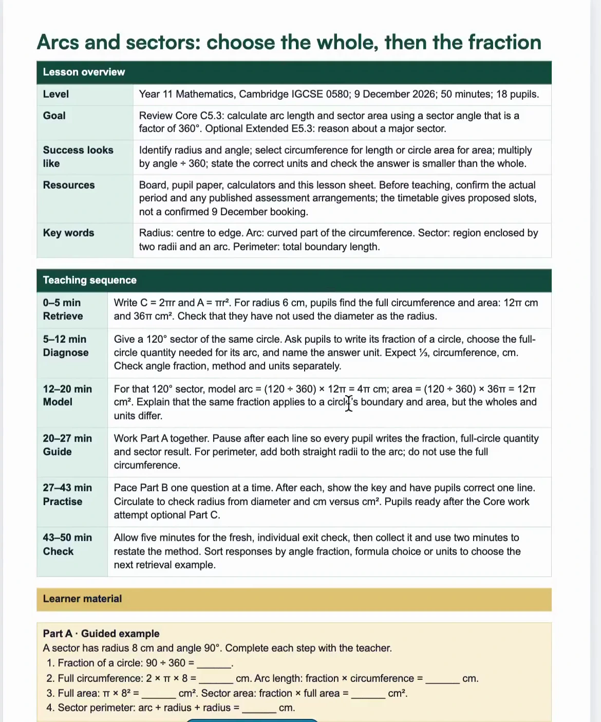 The first arcs-and-sectors lesson plan in Printing Studio, with a lesson overview and teaching sequence.