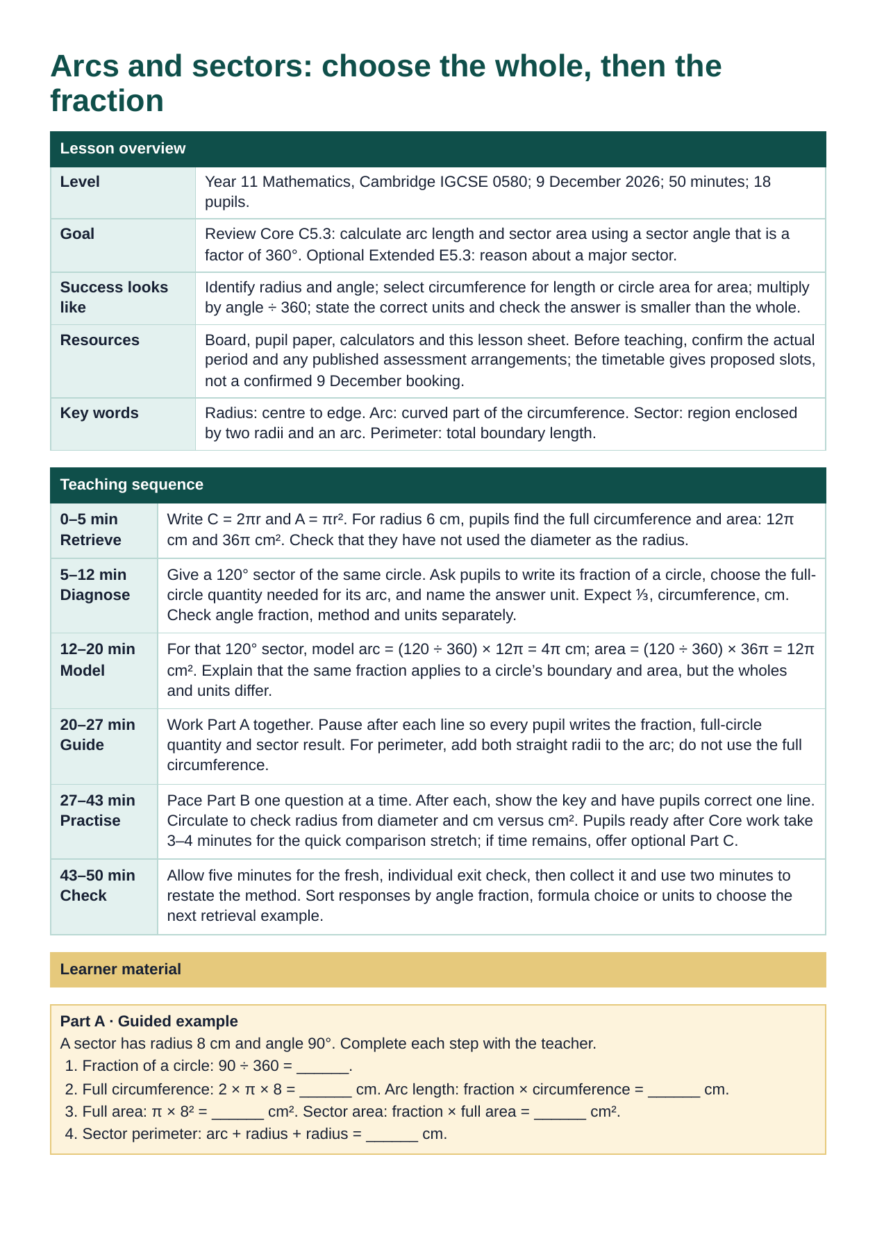 The arcs-and-sectors lesson plan for the Year 11 example.