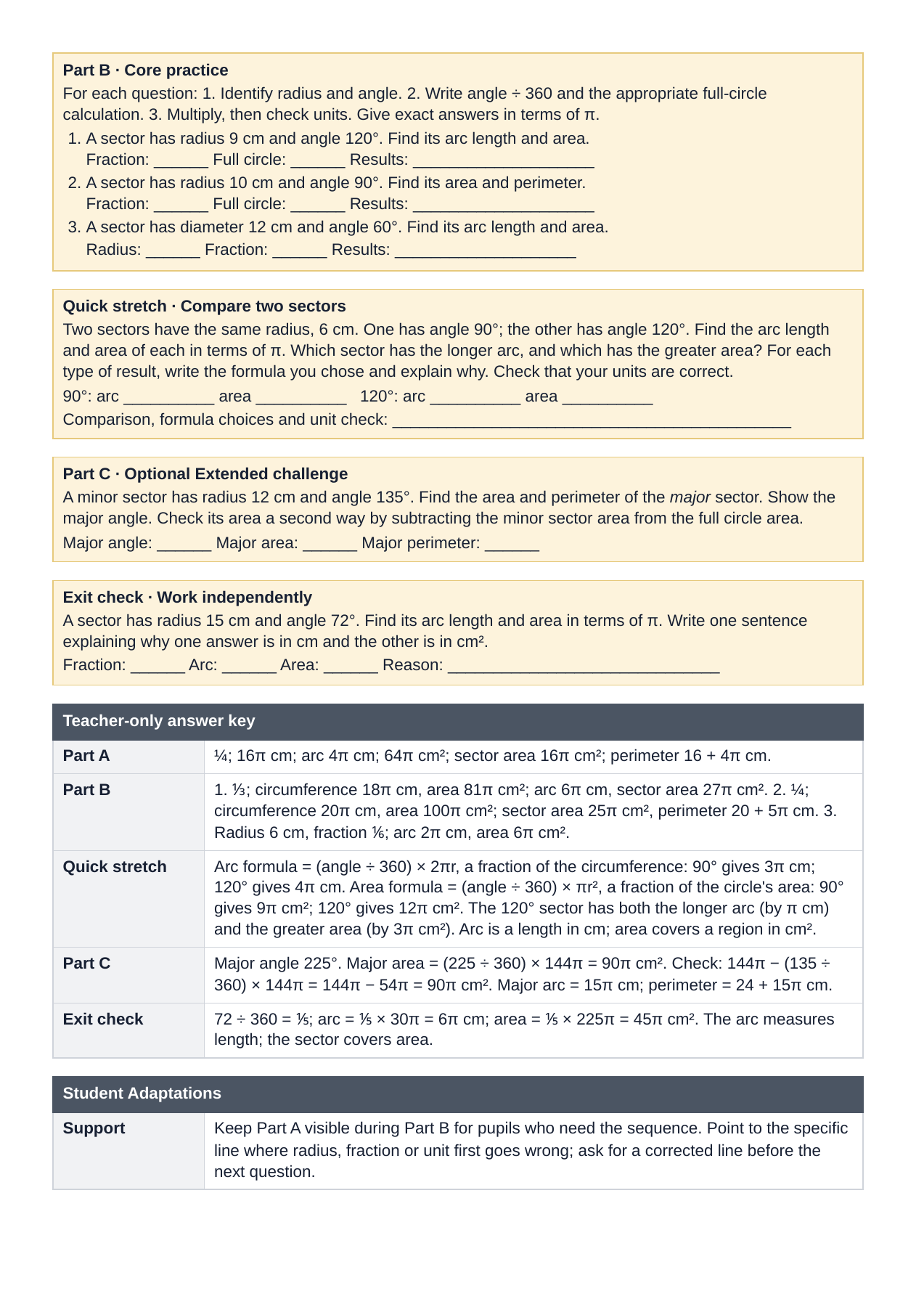 Lesson plan page 2: Core practice, the new sector-comparison task, optional challenge, independent check and teacher answers.