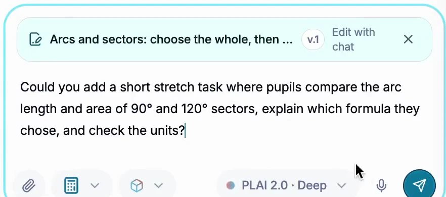 The teacher's follow-up request entered in Edit with chat on the existing lesson plan.