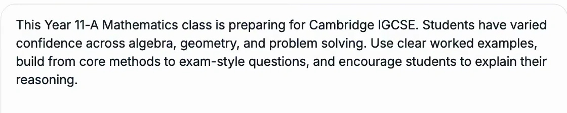 Year 11 class description calling for clear worked examples, Core-to-exam progression and pupils explaining their reasoning.