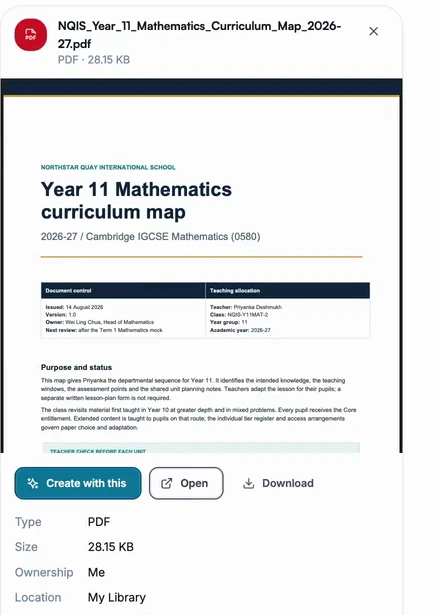 The Year 11 curriculum-map PDF in My Library, with Create with this below its preview.