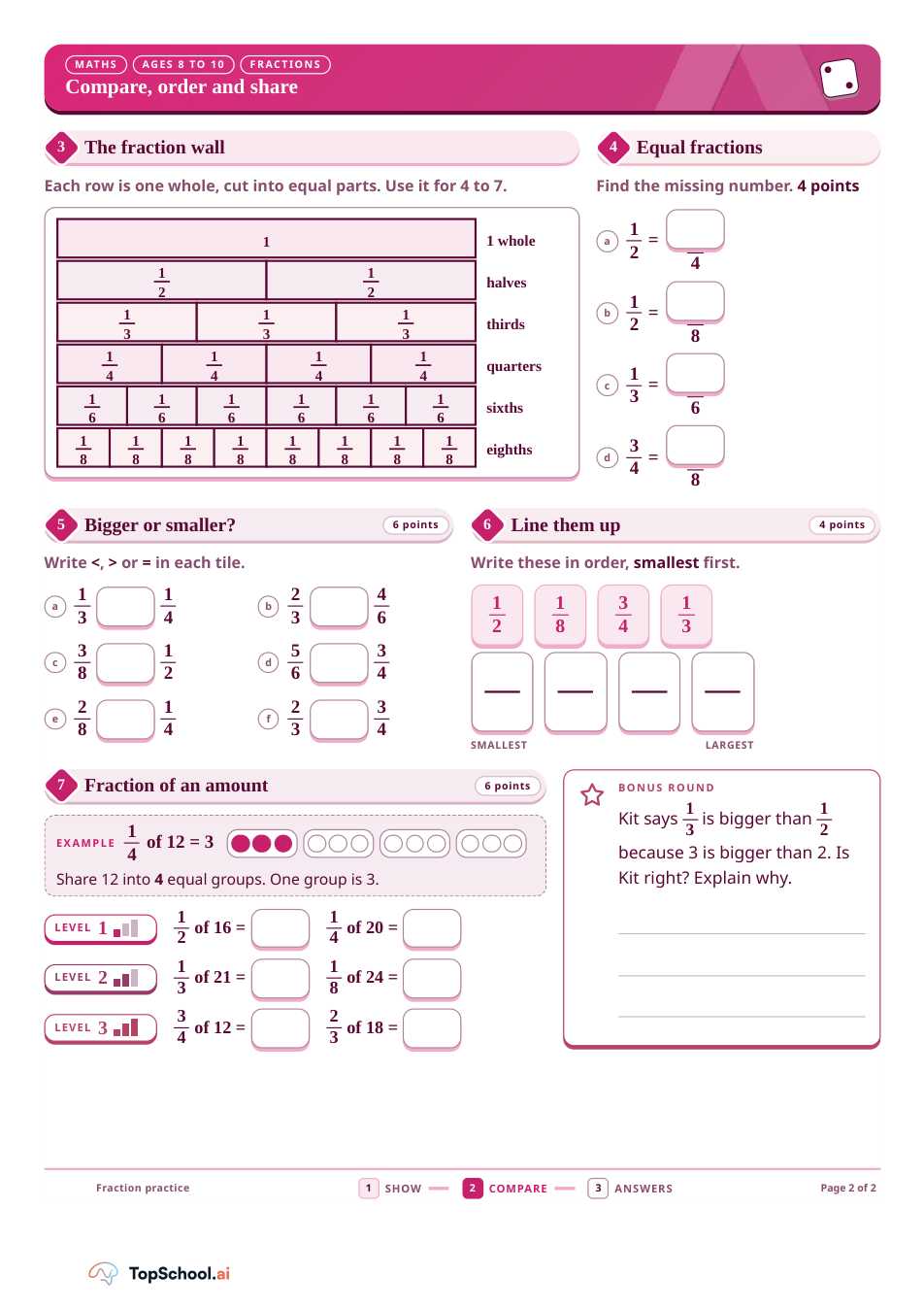 Fractions three ways: show, compare and share, supplied pupil page 2
