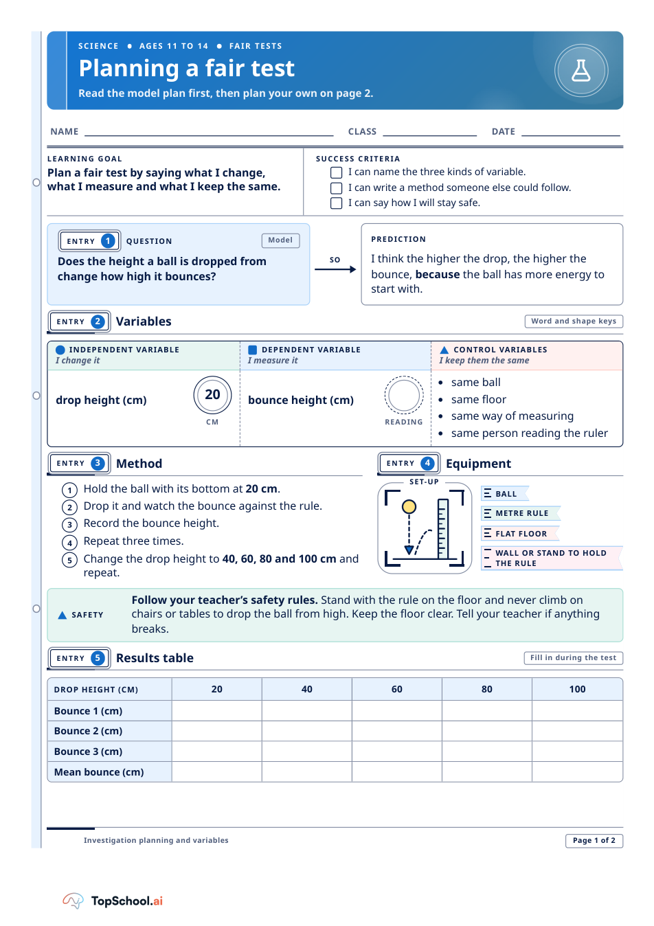 Plan a fair test: variables, method and results