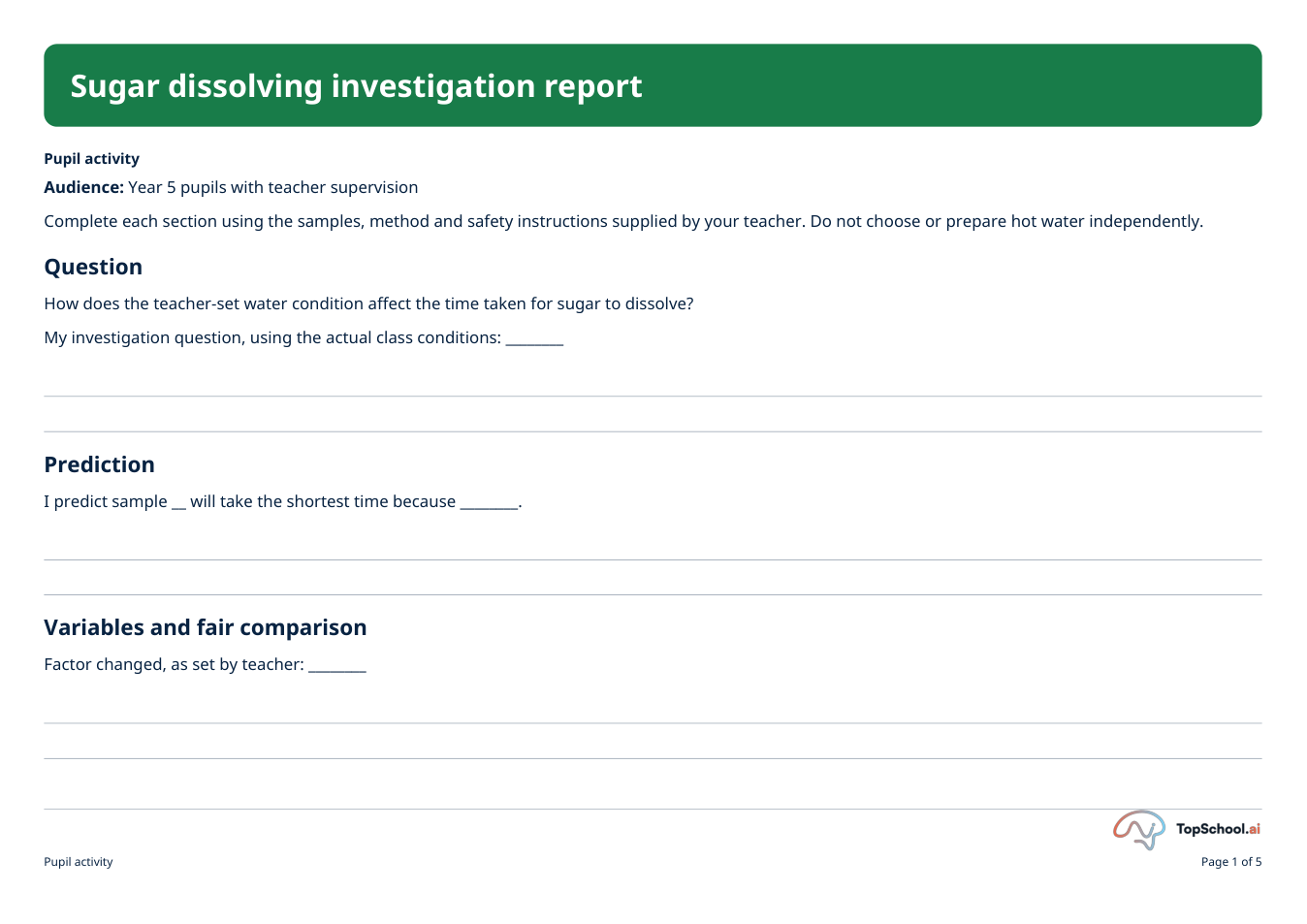 Sugar dissolving investigation report, page 1 of 5