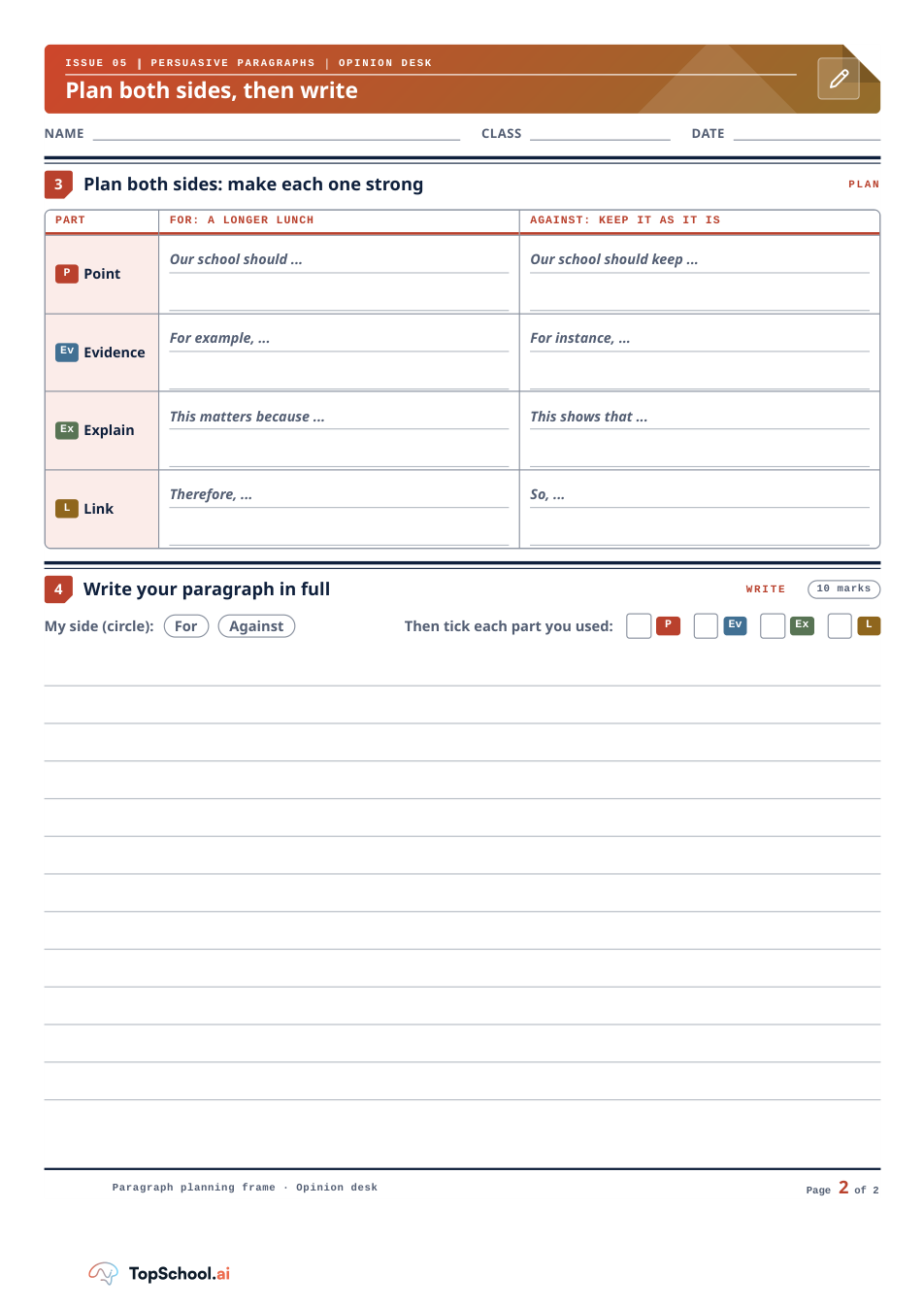 Paragraph planning frame, supplied pupil page 2