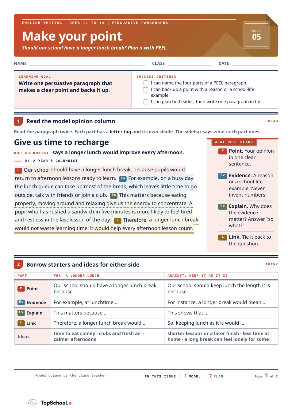 Paragraph planning frame, supplied first page