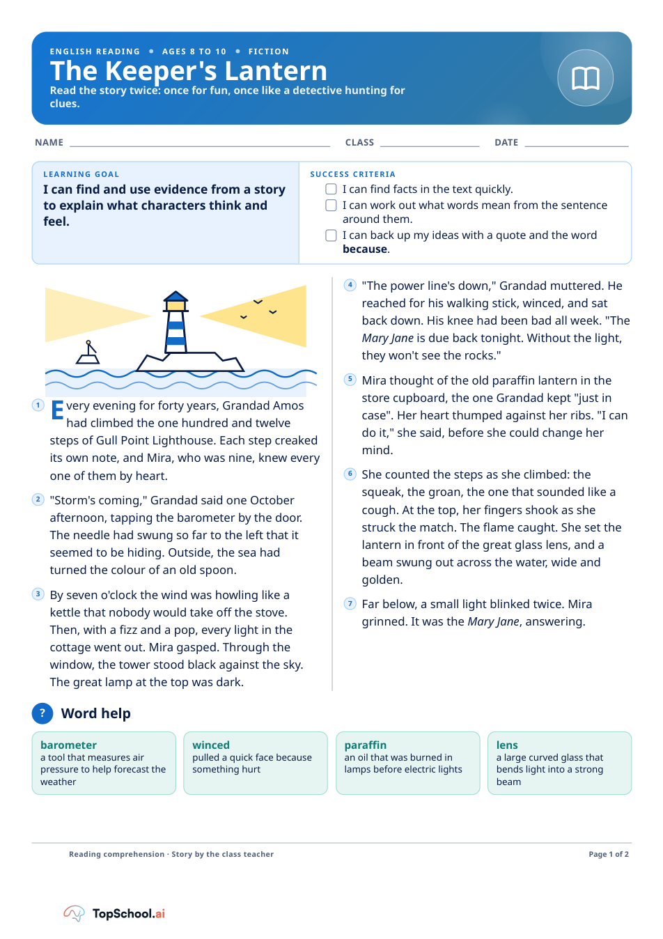 The Keeper’s Lantern: full first page of the reading worksheet