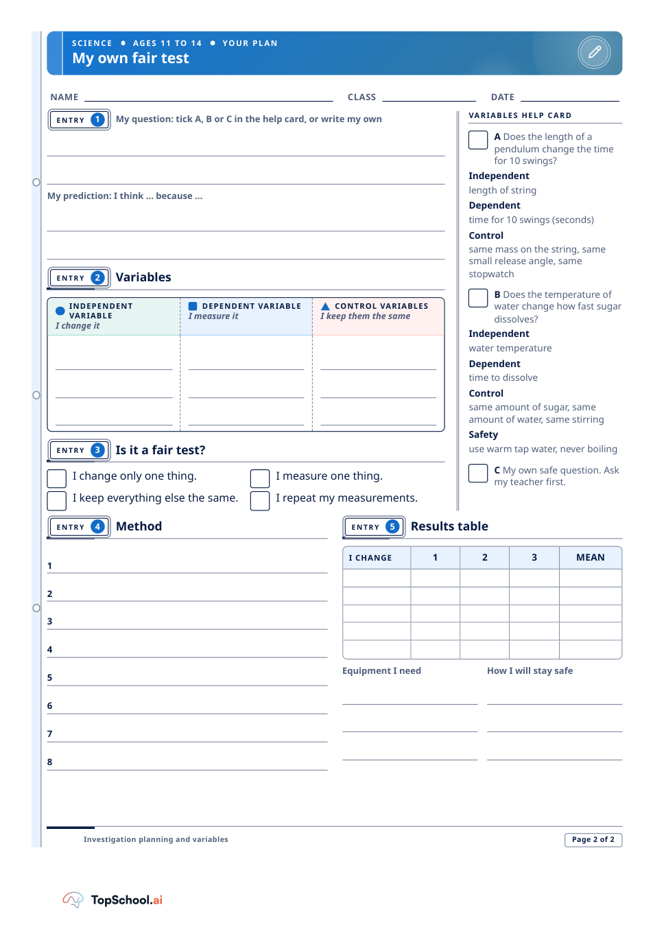 Plan a fair test: variables, method and results, page 2 of 2