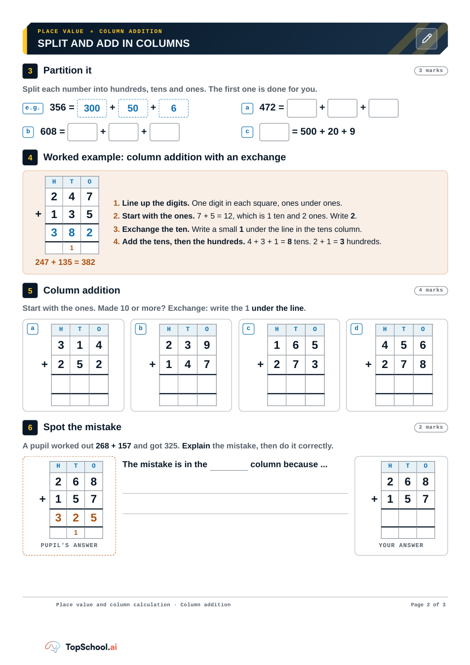 Place value and column calculation, page 2 of 3
