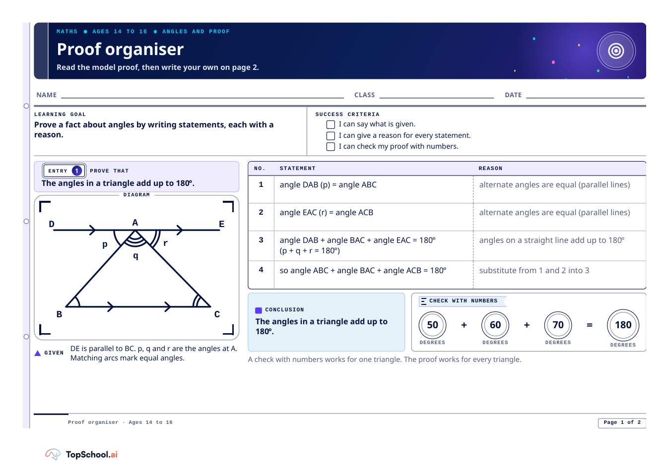 Page 1 of Proof organiser, showing a triangle-angle model proof with statements, reasons and a numerical check.